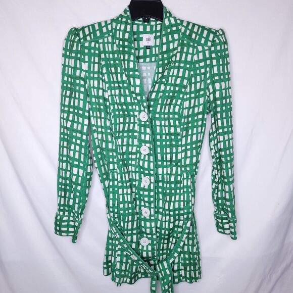 Cabi Jacket Medium Check Green, White Linen Belted Trench Circuit - Picture 1 of 12